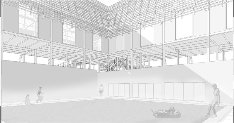 A sunken atrium pool bathed in natural light—an homage to Roman thermae and communal relaxation.