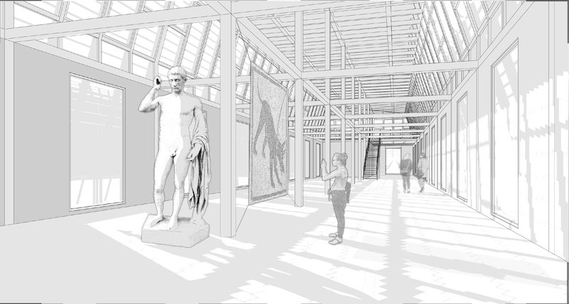 Exhibition space under timber lattice light—celebrating Roman heritage through immersive architectural storytelling.