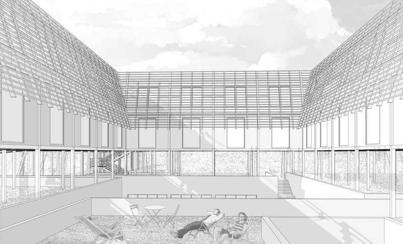 The open courtyard offers leisure and gathering space, surrounded by a lightweight wooden structure.