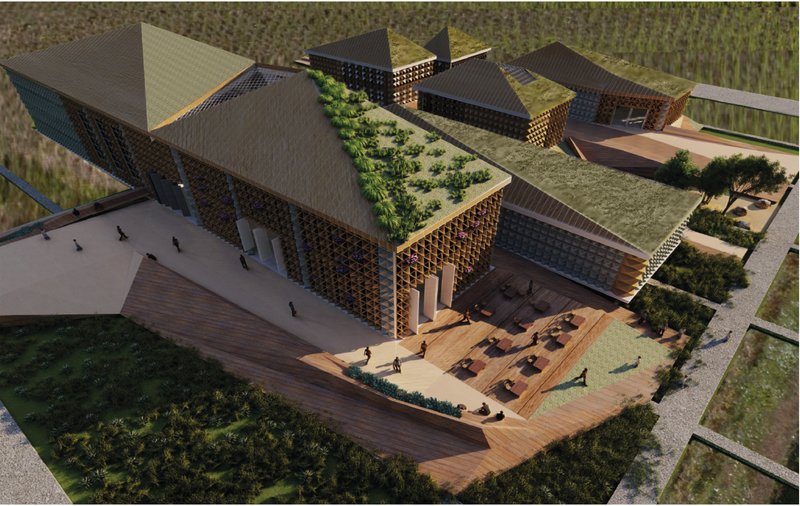 A bird’s-eye perspective of the cultural center showcasing green roofs, modular clusters, and tectonic facade articulation.