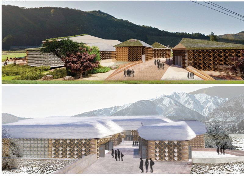 Seasonal views of the timber-grid facade welcoming visitors year-round through a central courtyard.