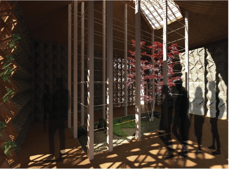 A sunlit indoor garden enclosed by rhythmic wooden grids and vertical supports inspired by Saori weaving.