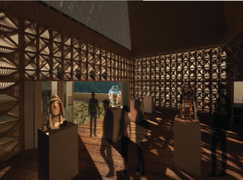 Display of traditional artifacts in a space where filtered light dances through intricate lattice walls.