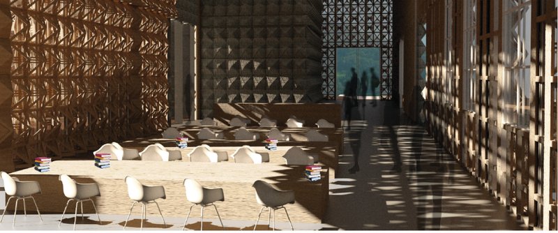 A contemplative reading zone featuring locally sourced timber, shadow patterns, and a tactile architectural language.