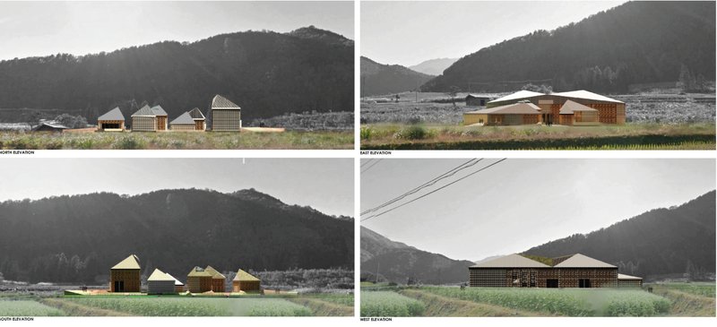 North, East, South, and West views highlighting the project’s integration with Shirakawa-Go’s mountainous backdrop.