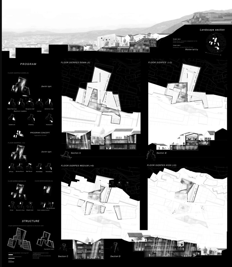 Floor plans and sections reveal the complex layering and multi-programmatic spaces of the socio-cultural center.