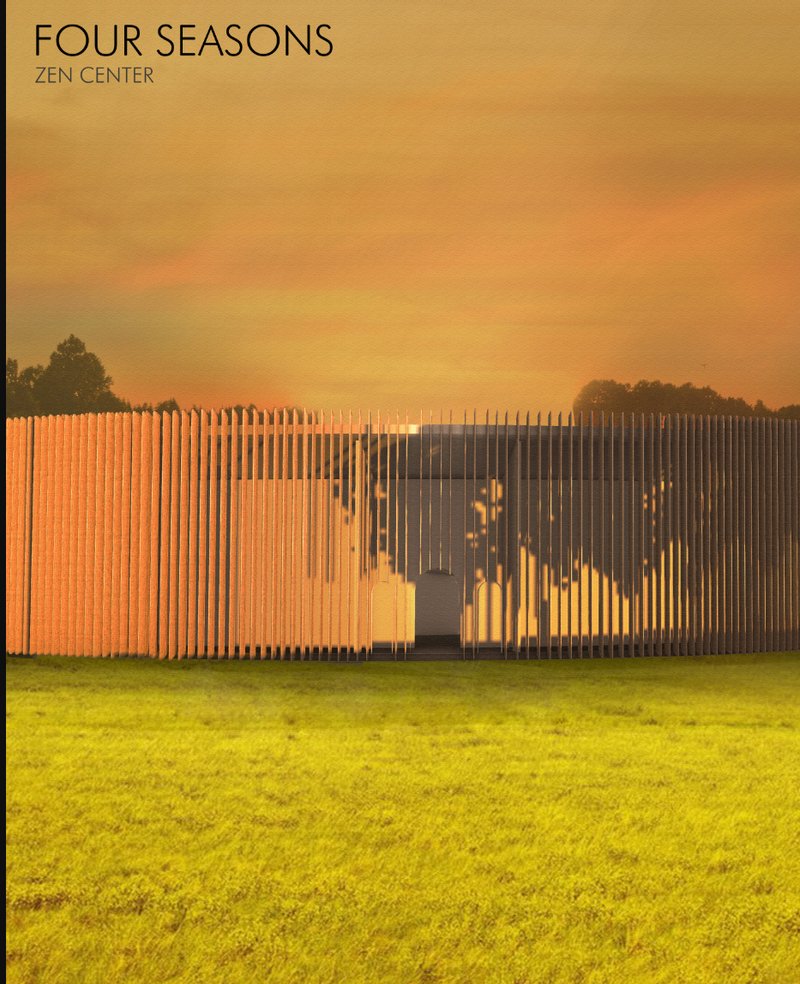 The setting sun casts dynamic shadows through the panel curtain, highlighting the building's solar-responsive design.