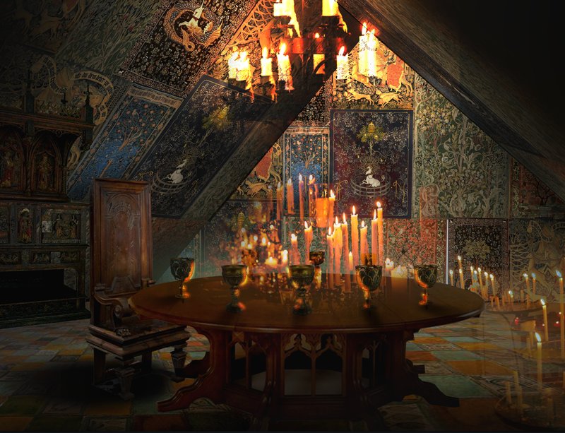 Candlelit room rich with tapestry and myth, evoking the legends of King Arthur and his court.