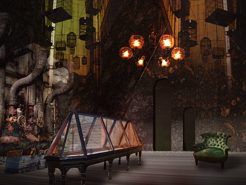 A steampunk-inspired room where industrial artifacts and gothic ambiance tell tales of 19th-century folklore.