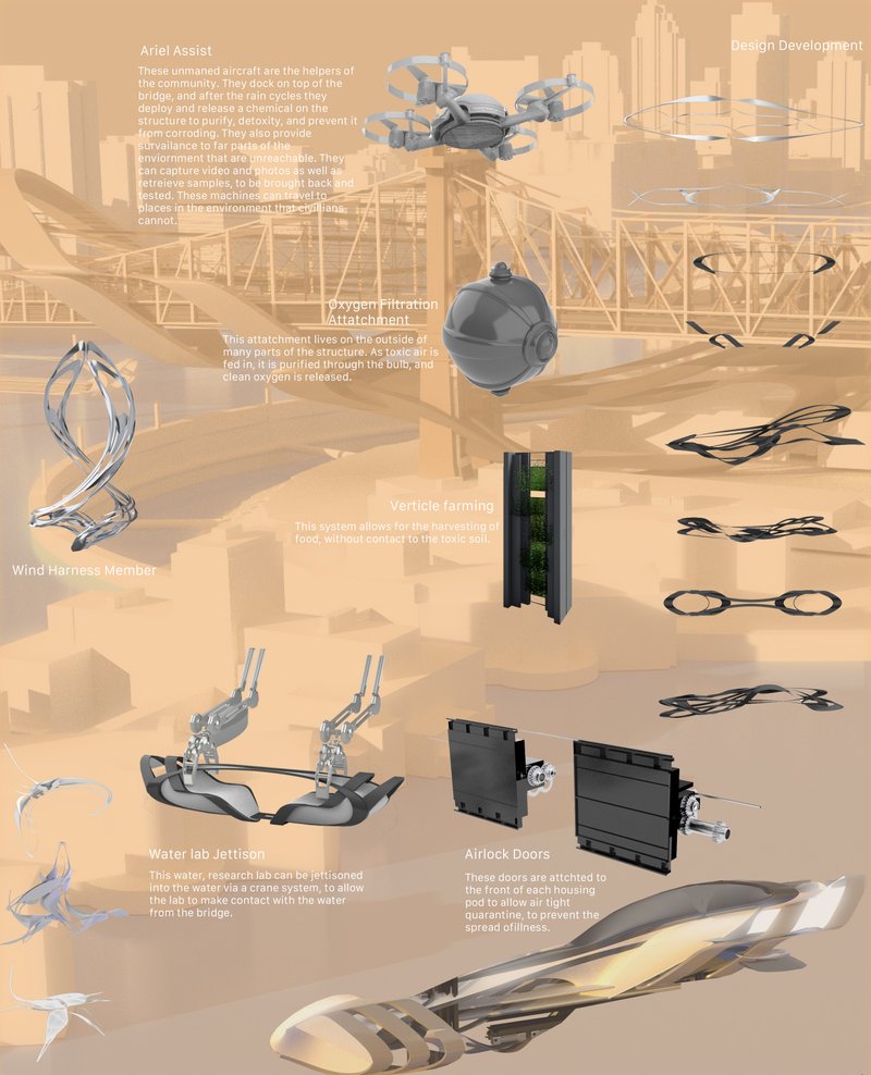 Design components including aerial drones, oxygen bulbs, vertical farms, and modular systems.