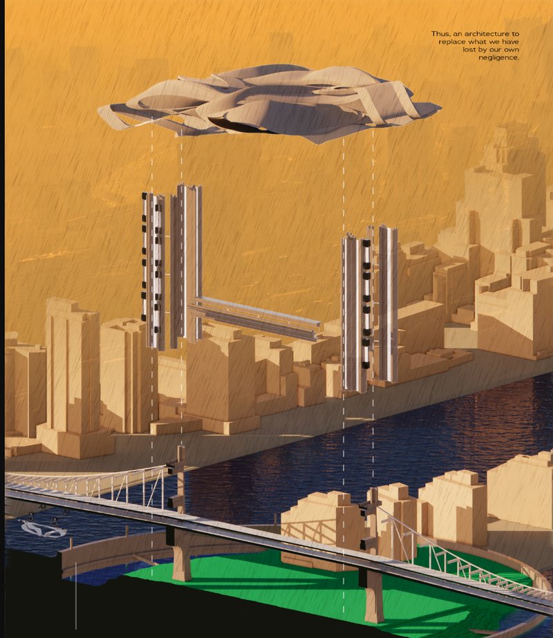 Hydroelectric architecture collects acid rain and powers the elevated community.