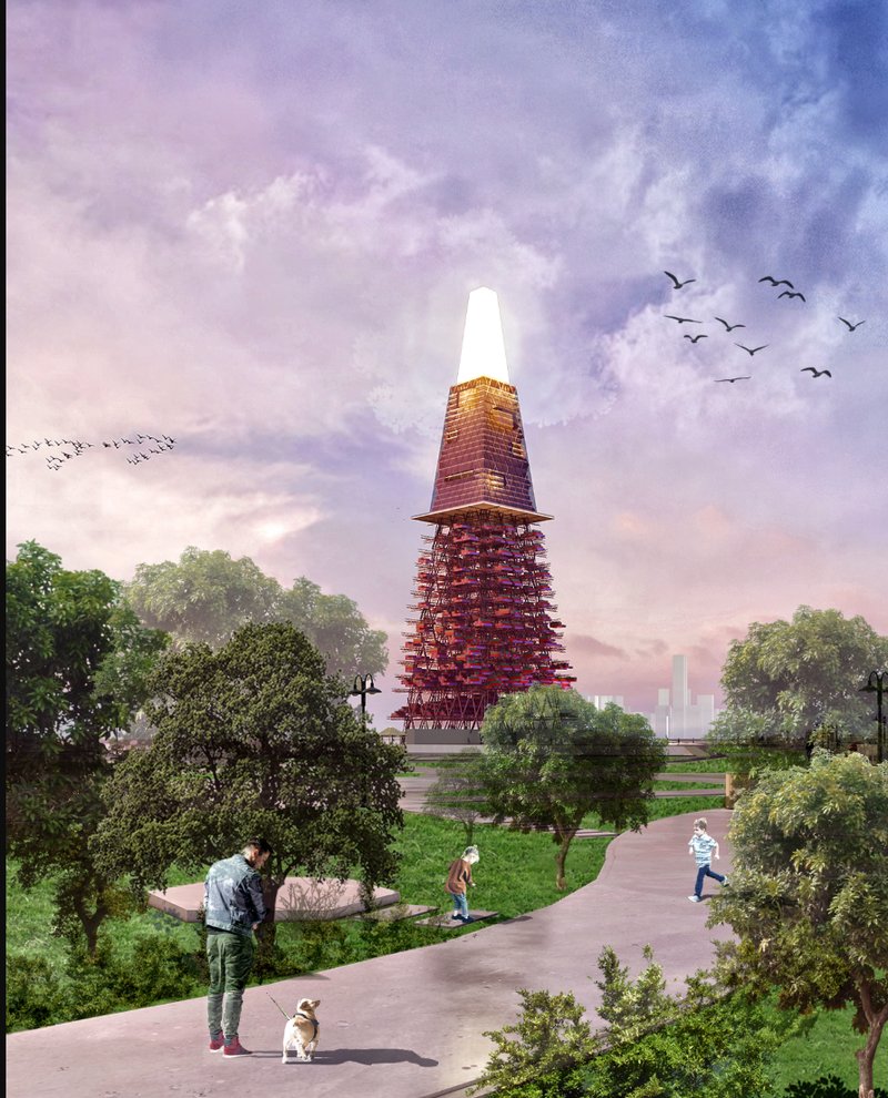 Port Tower seen from a public park, illustrating its role as a social hub integrated into everyday urban life.