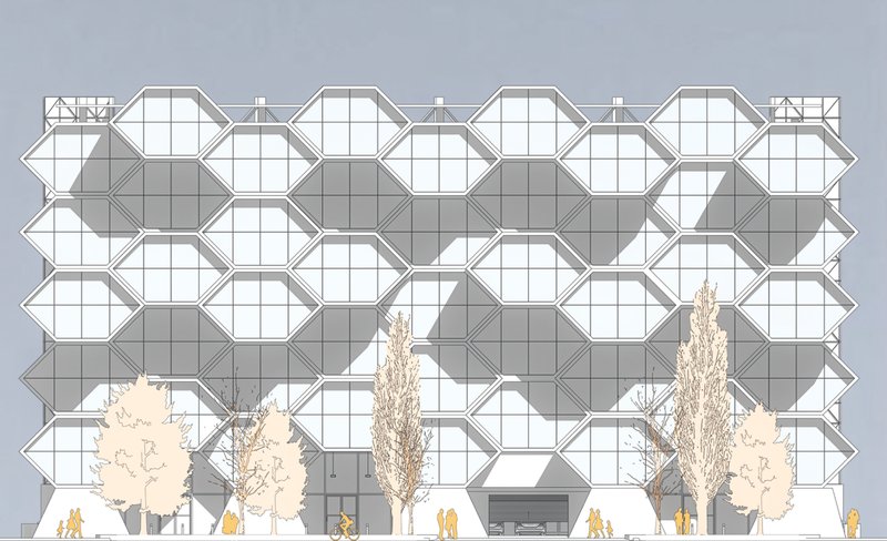 Flat elevation diagram of the PG-01 building emphasizing the repetition and rhythm of hexagonal modules.