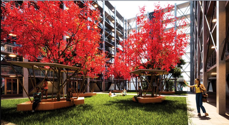 The central courtyard filled with red-leaved trees, offering a biophilic space for community interaction and leisure.