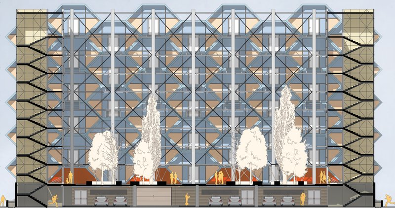Detailed elevation revealing the modular grid, stair cores, and integrated greenery at the ground level.