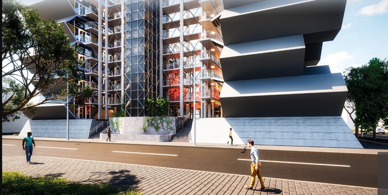 Rear view highlighting vertical circulation and open balconies framed by structural mesh and foliage.