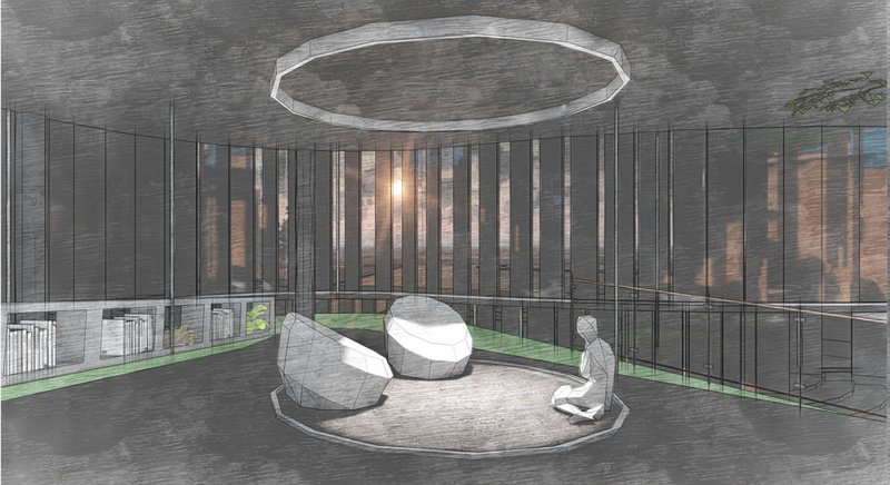 A serene meditation room illuminated by a skylight, creating a tranquil ambiance for mental wellness.