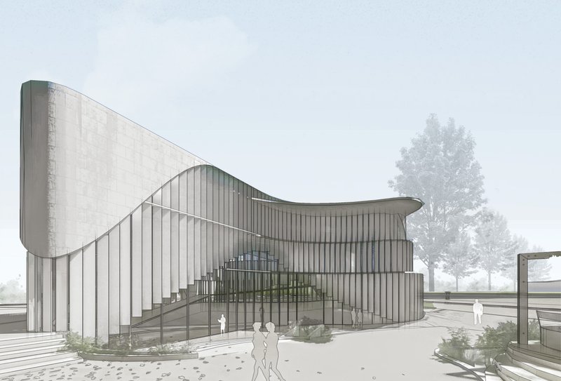 The main elevation features fluid, wave-like curves and a transparent facade, inviting natural light and framing the inner greenery.