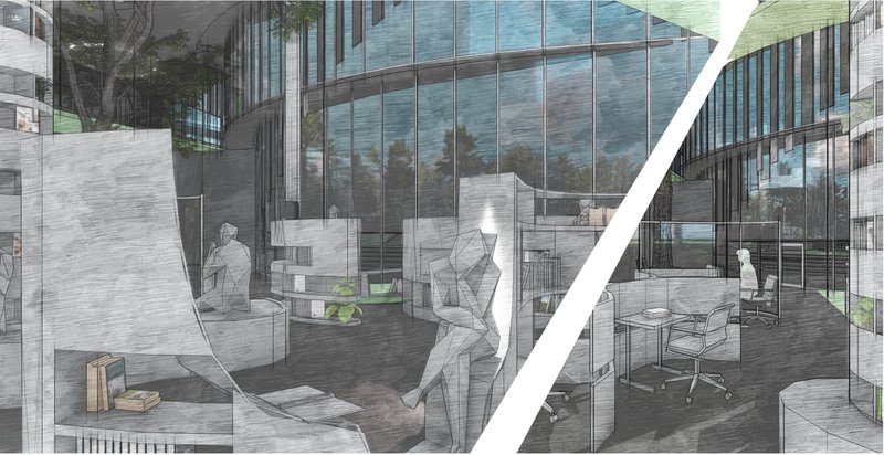 Sculptural seating and workstations coexist with natural elements, surrounded by floor-to-ceiling glazing.