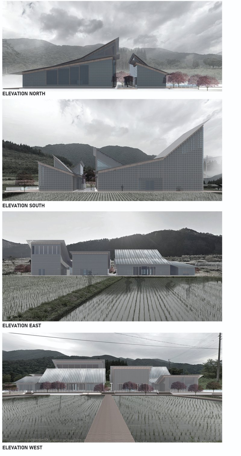 North, South, East, and West elevations demonstrate contextual massing and material consistency across orientations.