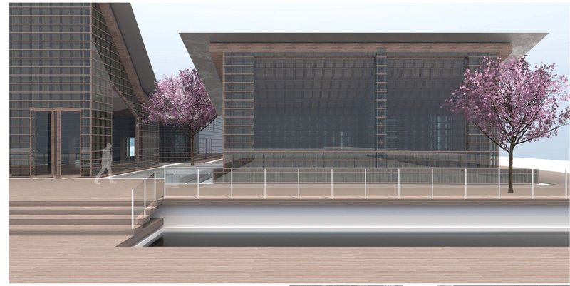 Framed perspective of the open courtyard showcasing modular facades and seasonal cherry blossoms.