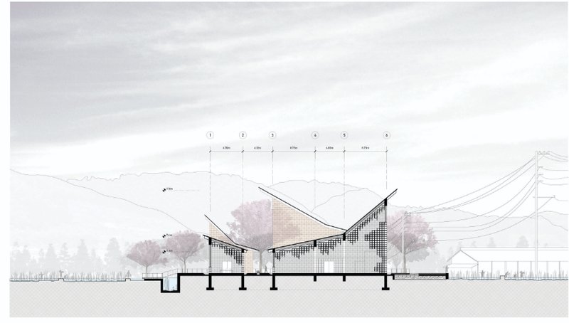 Sectional drawing showing the sloped roof geometry and integration of landscape with built form.