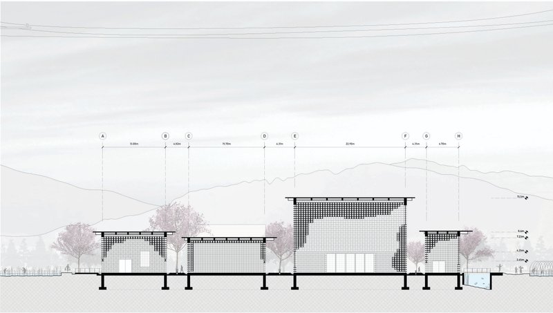Detailed sectional elevation depicting modular rhythm, volumetric proportions, and spatial sequencing.