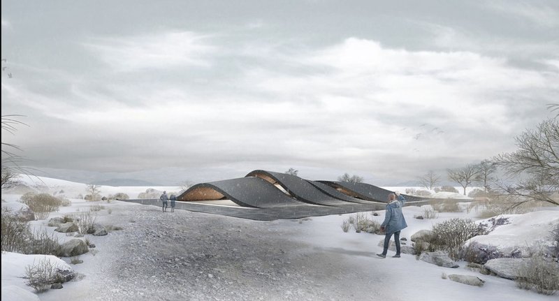 A sculptural, wave-like roof emerges lightly from the snowy terrain, echoing the geological rifts beneath.