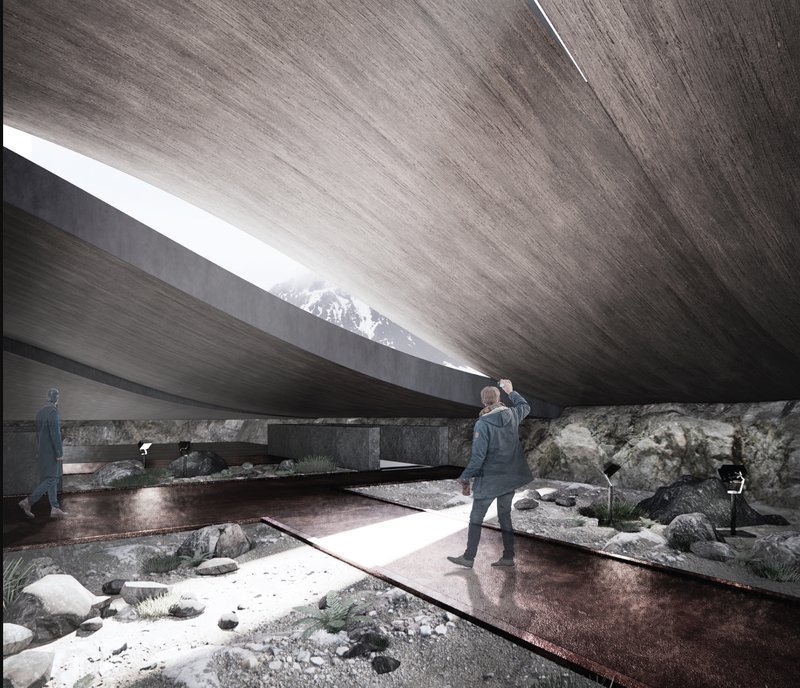 Visitors walk beneath flowing rooflines, closely engaging with raw earth and curated landscapes.