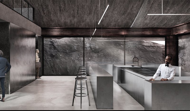 Sleek interior spaces contrast with rugged stone walls, emphasizing the interaction of human and natural materials.