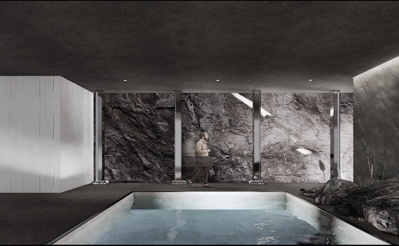 A quiet, meditative space blending elemental water and exposed rock, inviting deep reflection.