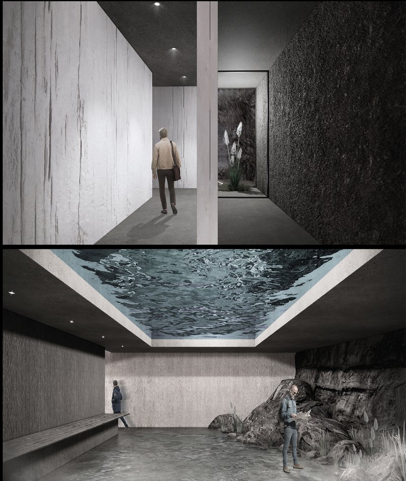 Movement through dim corridors punctuated by soft light and nature inserts; an emotional spatial transition.