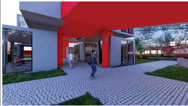 Ground-level view of the permeable facade with concrete and glass volumes—inviting public access and fostering shared educational space.