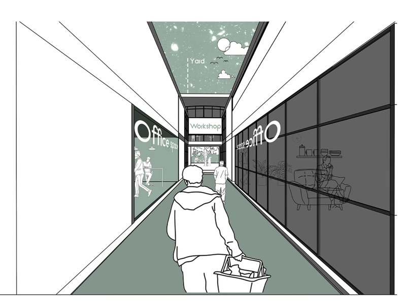 A corridor connecting familiar functions—office and workshop—eases transitions and fosters memory through spatial clarity.