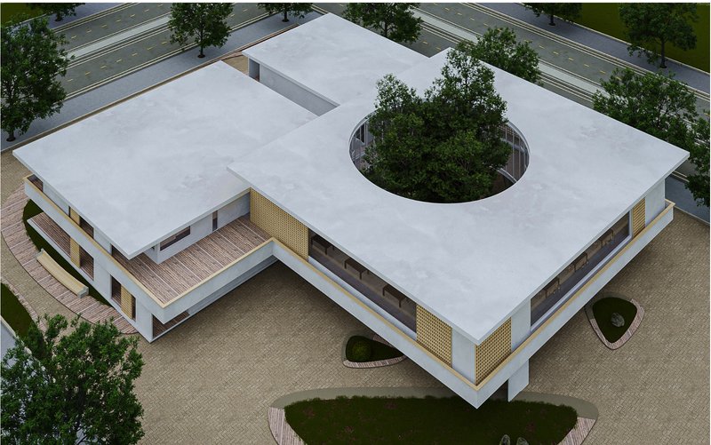 A symbolic void with a central tree anchors memory and growth—nature as therapy in architectural form.