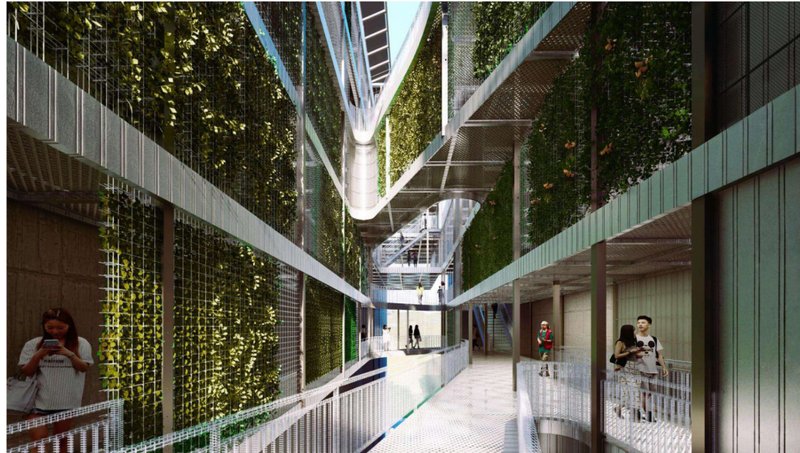 A vibrant in-between space for community interaction framed by vertical gardens and modular walkways.