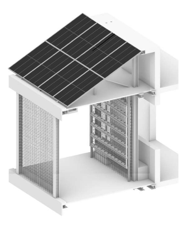 Structural model showing solar-powered vertical farming with sustainable lighting and planting layers.
