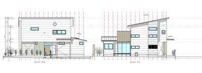 The image presents two architectural elevations, labeled "Elevation - North" and "Elevation - East",