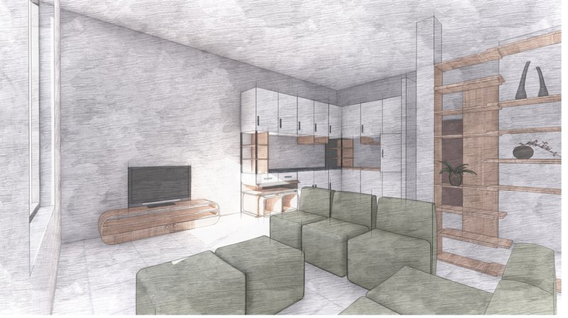 A cozy and multifunctional living area with custom modular cabinetry and furniture.