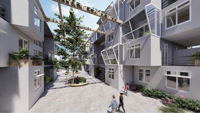 Public circulation path with suspended planters and seating, enhancing social engagement.