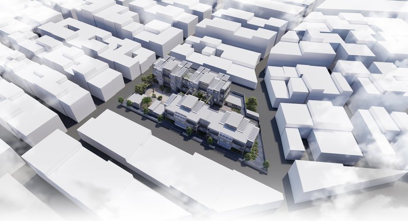 Bird's-eye view of the Plugin Housing community nestled in Tehran’s dense urban fabric.