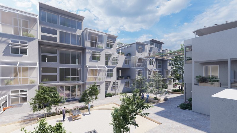 Open communal space promoting interaction and natural daylight within modular housing blocks.