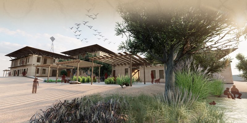 Blending nature with architecture through shaded outdoor gardens and passive cooling strategies.