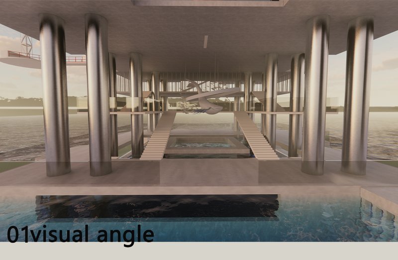 The central atrium celebrates marine life and invites visitors into a reflective and immersive experience beneath the rig structures.