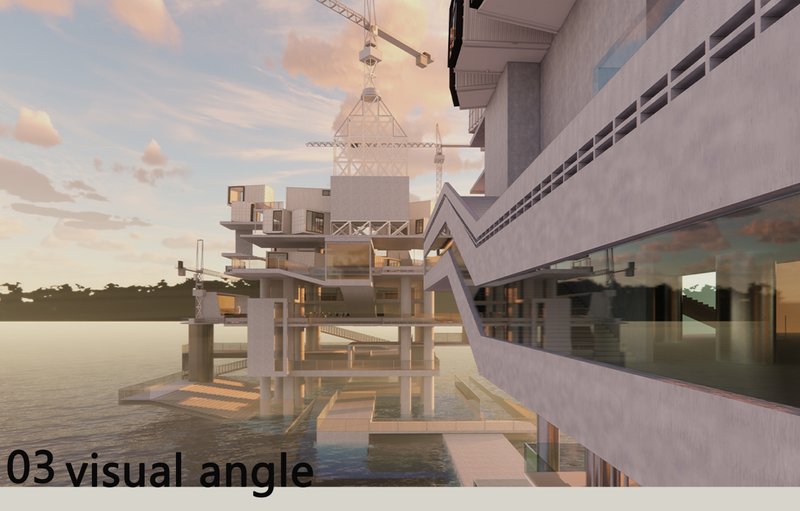 A layered architectural landscape where industrial remnants evolve into vibrant, sustainable communities above the sea.