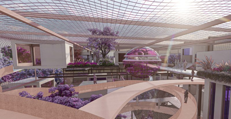 Playful interiors featuring circular ramps and garden terraces, encouraging movement and spatial exploration.