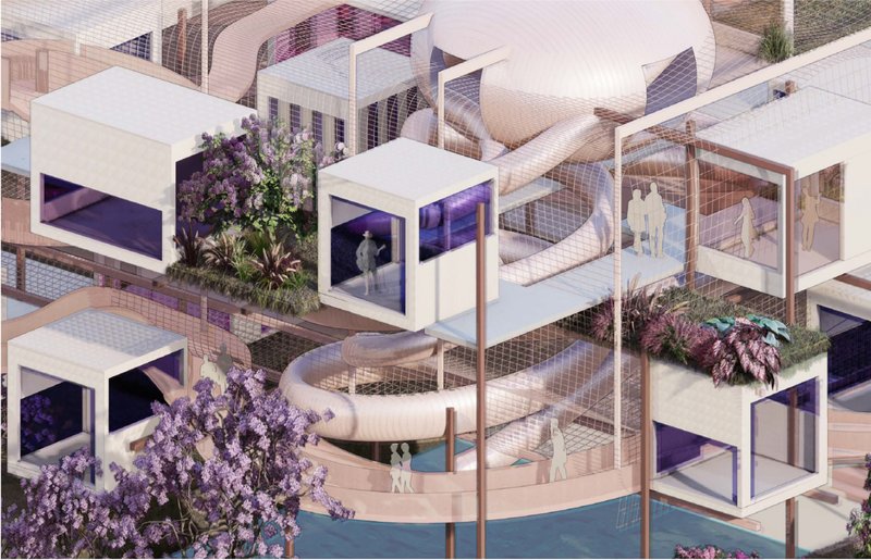 Modular learning pods and curving slides interlaced with greenery, forming a dynamic vertical learning village.
