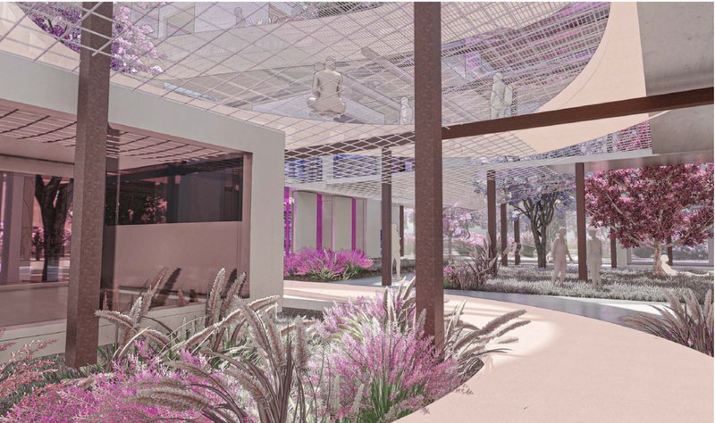 Soft landscape under a lattice roof—creating shaded, breathable social spaces rooted in nature.
