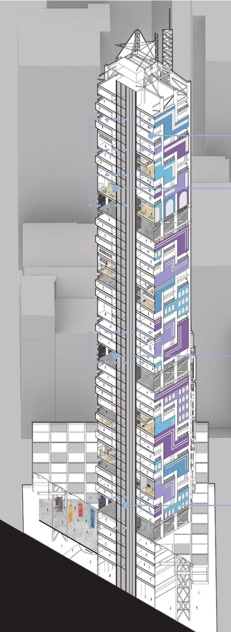 Exploded isometric section revealing the tower’s adaptive mixed-use programming and circulation strategy.