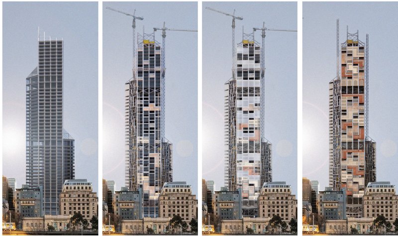 Four-phase construction sequence illustrating the tower’s transformation through metabolic architectural logic.